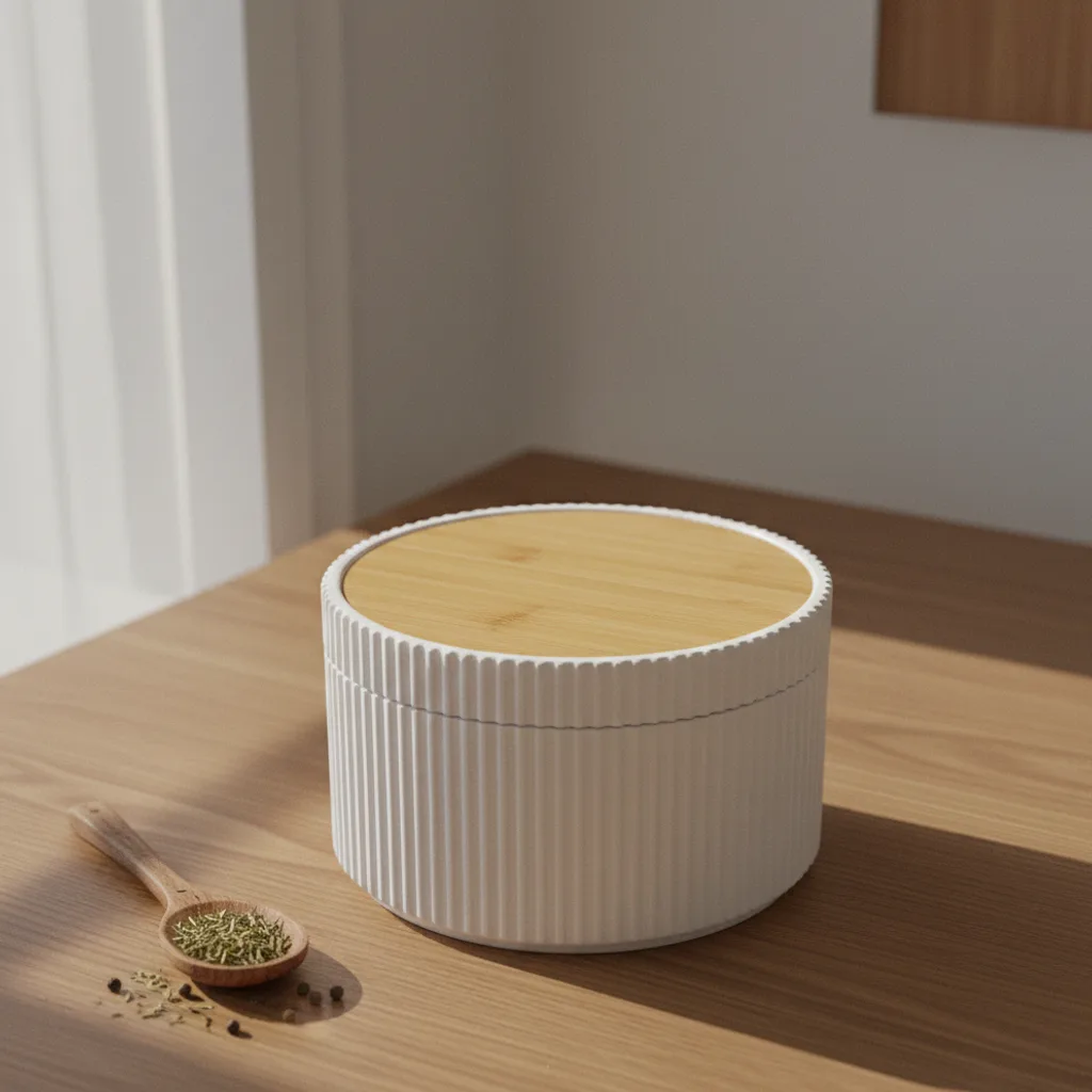 Gewürzdose aus geriffteltem 3D-Druck mit Bambusdeckel