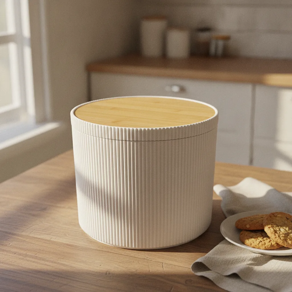 Große runde Keksdose aus 3D-Druck mit Bambusdeckel und Plätzchen