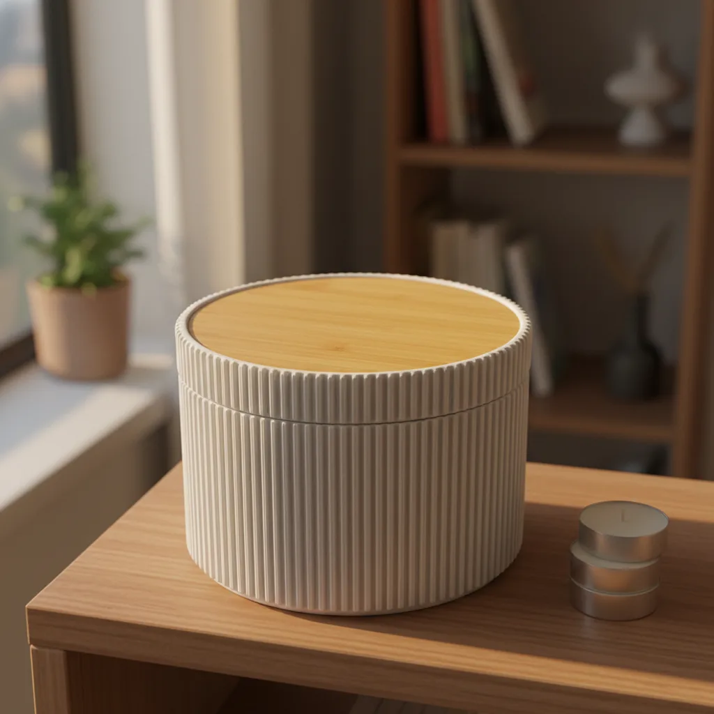 Teelicht-Dose aus geriffteltem 3D-Druck mit Bambusdeckel