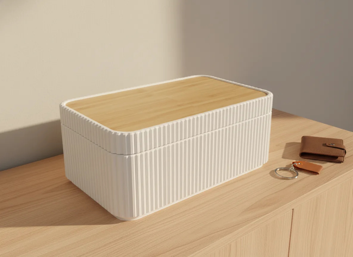 Fluted Box Eckig auf Sideboard mit Schlüsseln und Lederbrieftasche