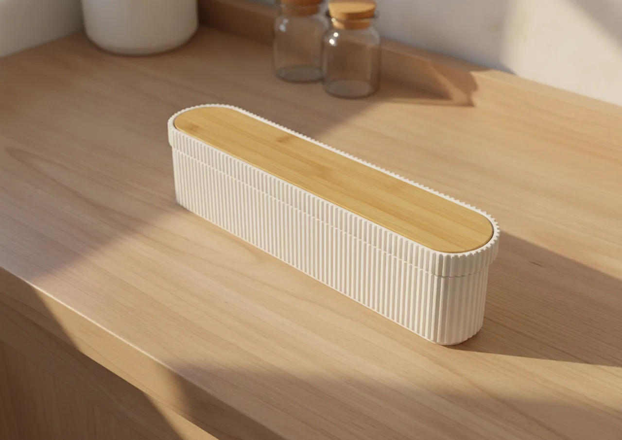 Lange Fluted Box Eckig auf Küchentheke mit Gewürzgläschen
