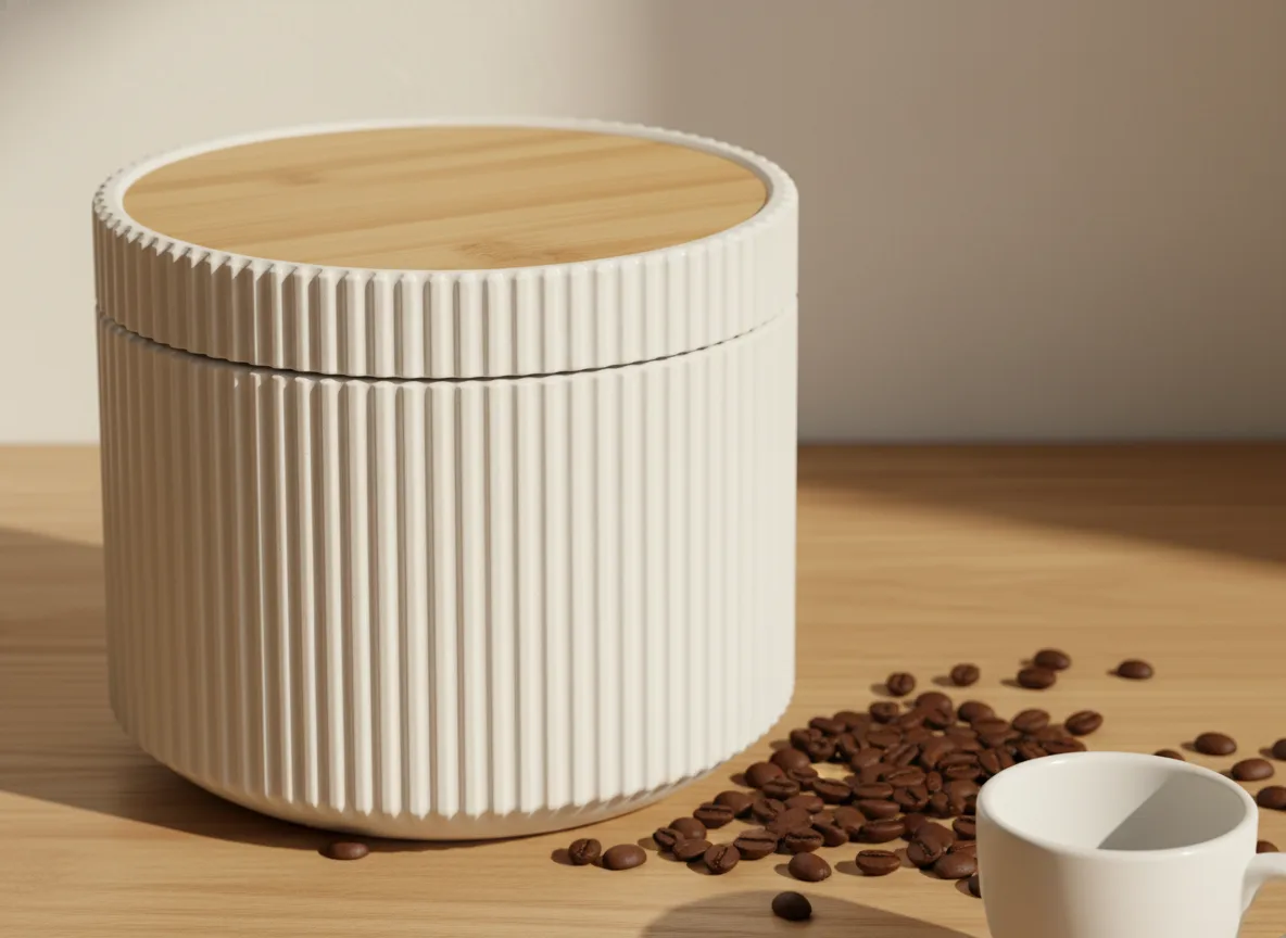 Runde Fluted Box Vorrat mit Kaffeebohnen auf Küchentheke