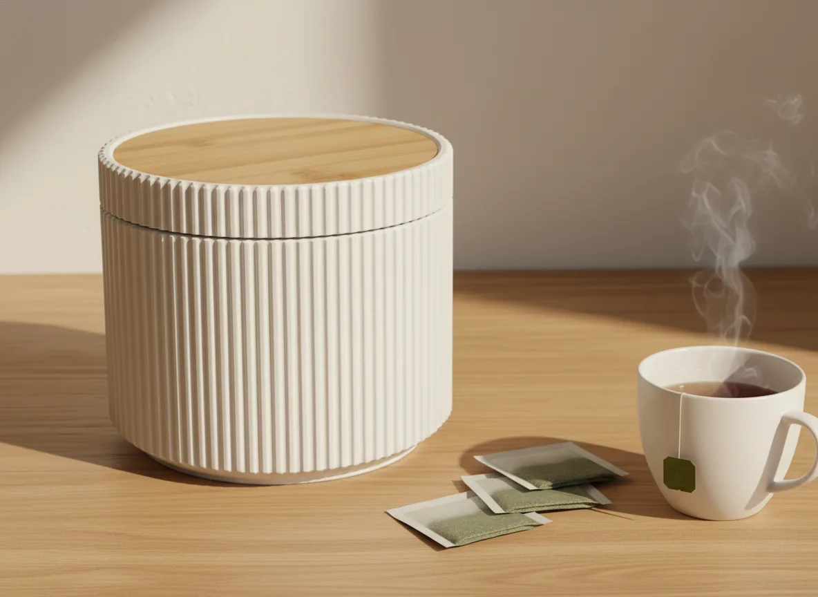 Runde Fluted Box mit Teebeuteln und Keramiktasse