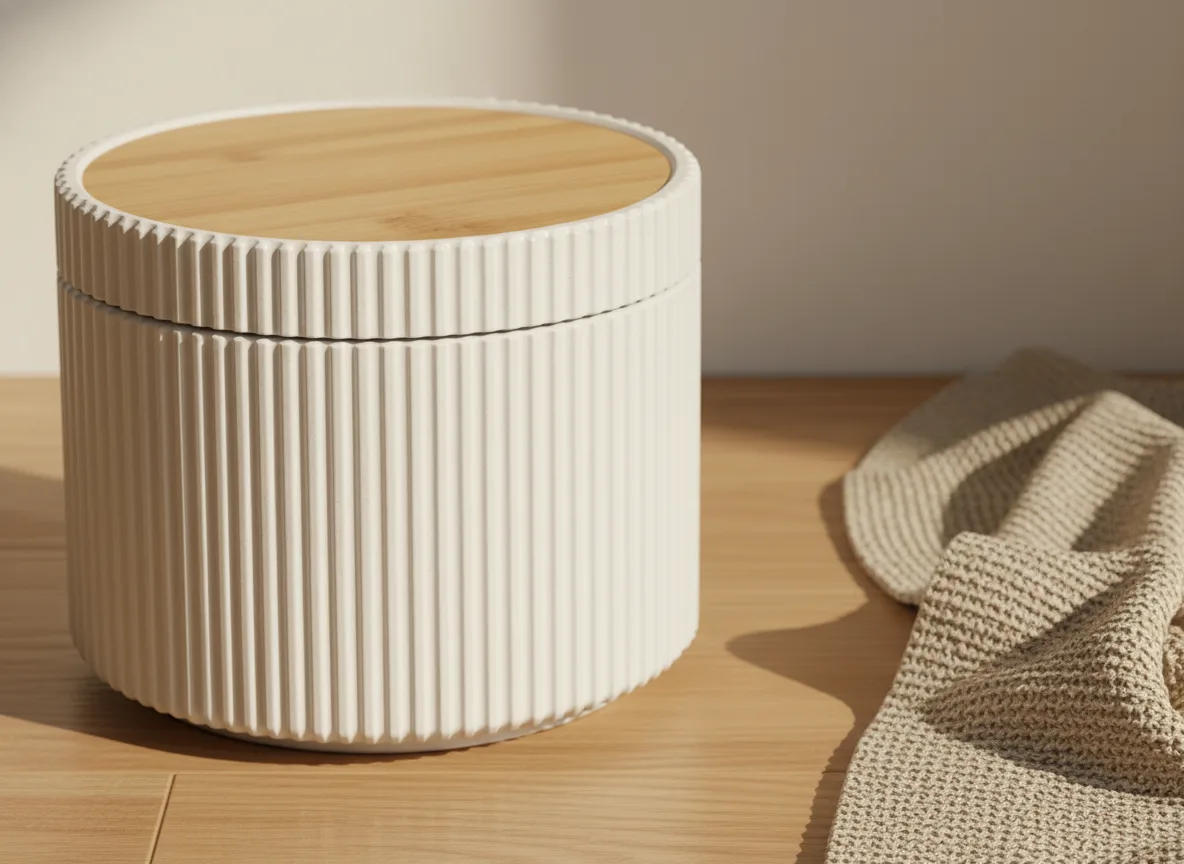 Große runde Fluted Box XL mit Wolldecke daneben